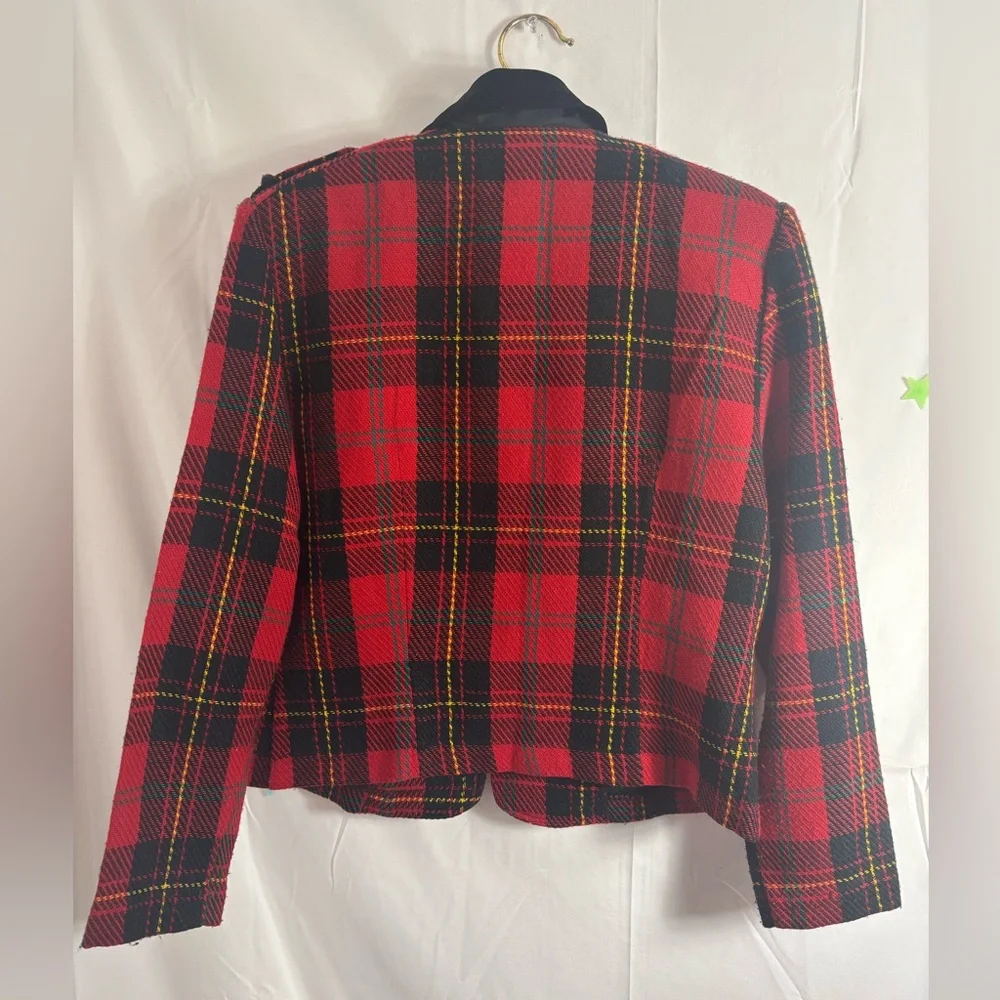 VTG Red+Black Plaid Bomber Jacket Faux‎ Suede Collar Gold+Black Epaulet Size S/M